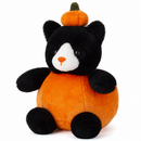 Black cat Halloween plush in an orange pumpkin costume on a white background