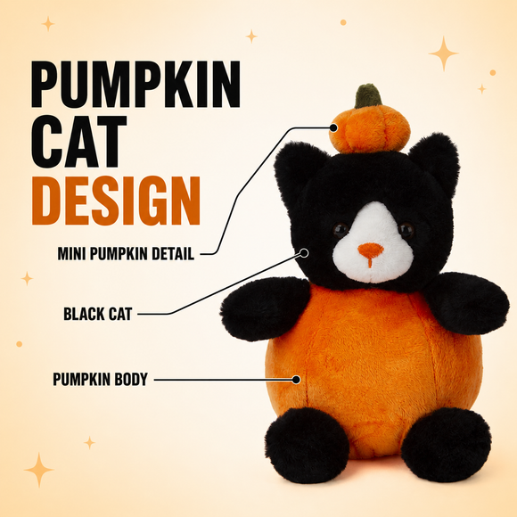 Pumpkin cat plush details showing the mini pumpkin, black cat, and orange body