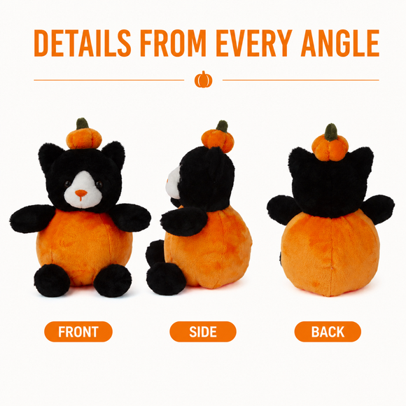 Front, side, and back views of the pumpkin cat stuffed animal