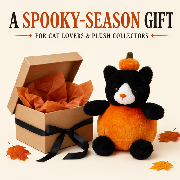 Pumpkin cat plush presented as a Halloween gift for cat lovers