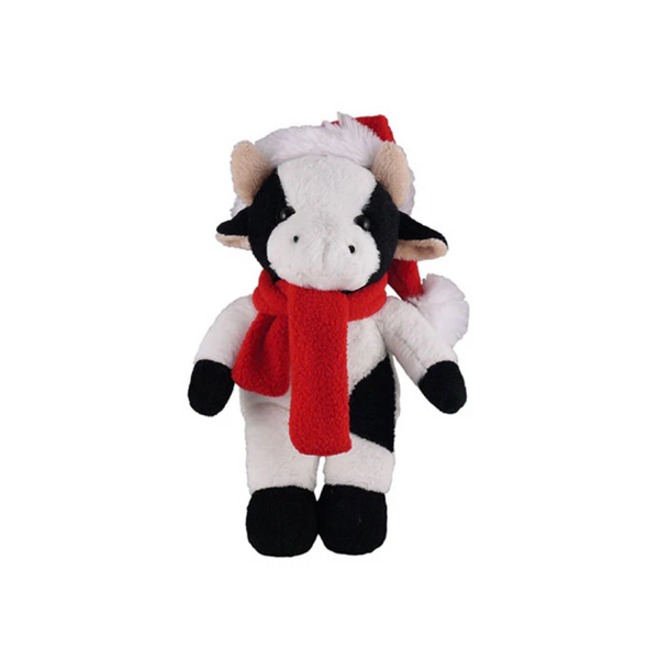 8" Standing Customizable Red Scarf Cow, Featuring Soft Fur and Scarf Design by Plushland.