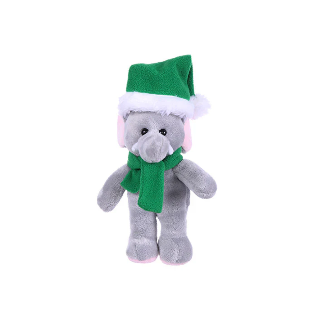 8" Standing Xmas Scarf Elephant, Featuring Soft Fur and a Festive Green Scarf Design by Plushland.