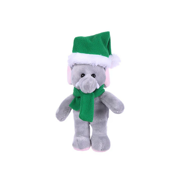 8" Standing Xmas Scarf Elephant, Featuring Soft Fur and a Festive Green Scarf Design by Plushland.