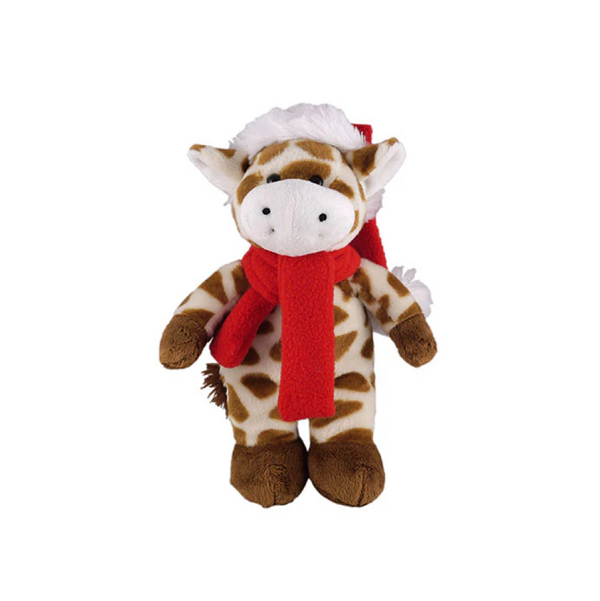 8" Standing Customizable Red Scarf Giraffe, Featuring Soft Fur and Scarf Design by Plushland.