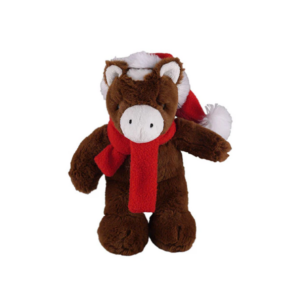 8" Standing Customizable Scarf Horse, Featuring Soft Fur and a Personalized Red Scarf Design by Plushland.