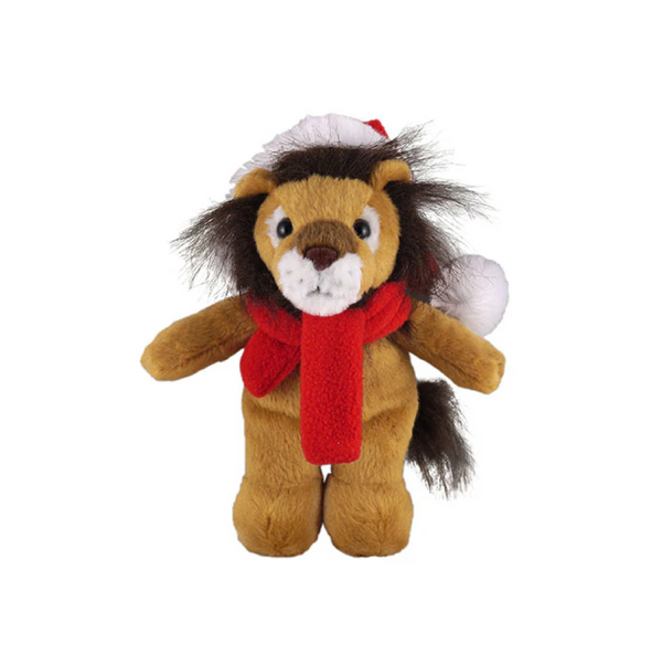 8" Standing Lion with Hat and Red Scarf, Featuring Soft Fur and a Festive Design by Plushland.