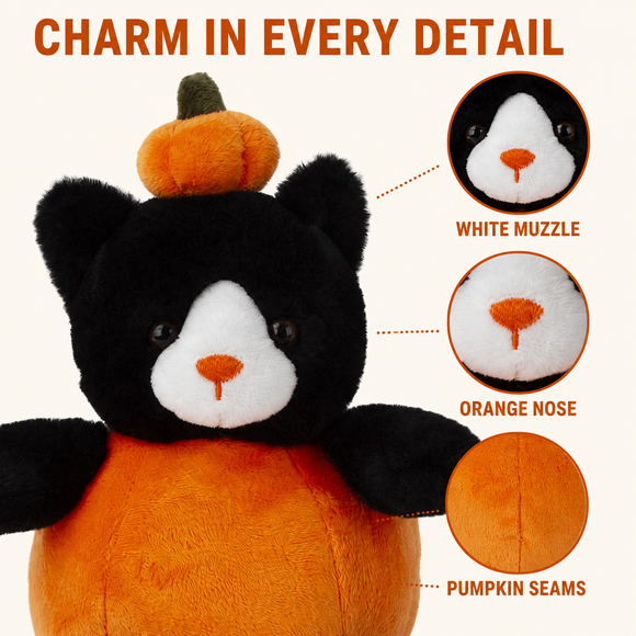 Close-up details of the pumpkin cat plush muzzle, nose, and orange seams