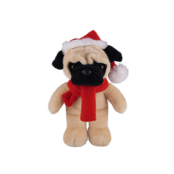 12" Standing Customizable Red Scarf Pug, Featuring Soft Fur and Scarf Design by Plushland.