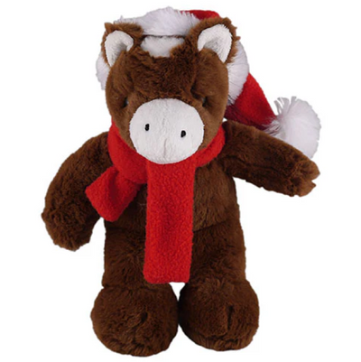 12" Standing Customizable Scarf Horse, Featuring Soft Fur and a Personalized Red Scarf Design by Plushland.