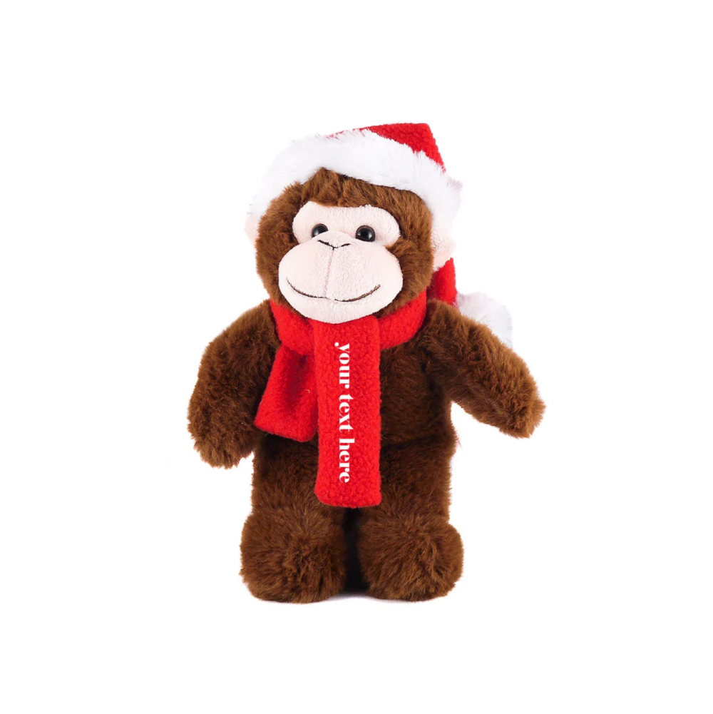 12" Standing Customizable Scarf Monkey, Featuring Soft Fur and a Personalized Scarf Design by Plushland.