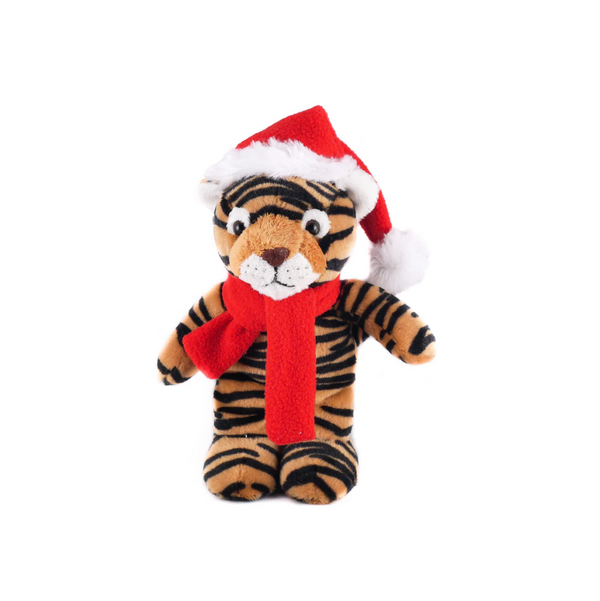 12" Standing Tiger with Hat and Scarf, Featuring Soft Fur and a Festive Design by Plushland.