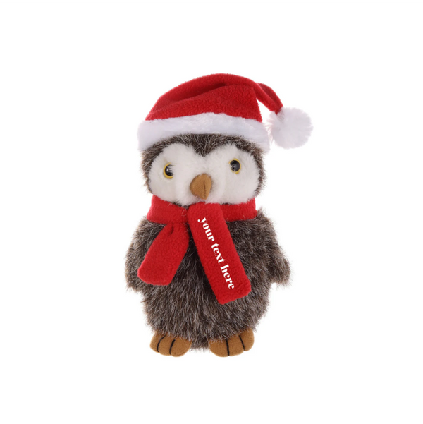 12" Standing Customizable Scarf Owl, Featuring Soft Fur and a Personalized Scarf Design by Plushland.