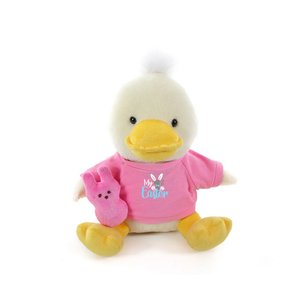 12" Sitting Duck with Custom 1st Easter Pink Shirt, Featuring Soft and an Adorable Outfit by Plushland.






