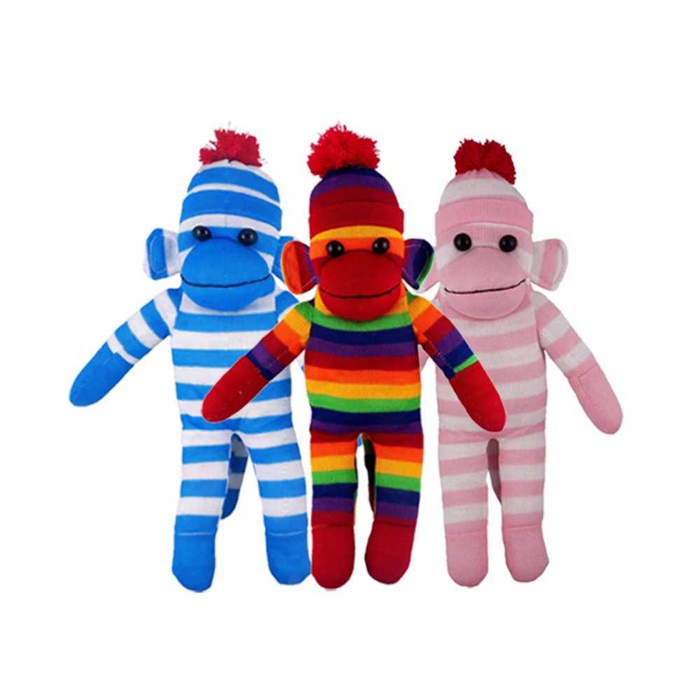 16" Standing Blue, Red, Pink Sock Monkey in Multicolor, Featuring Soft Fur and a Fun Design by Plushland.