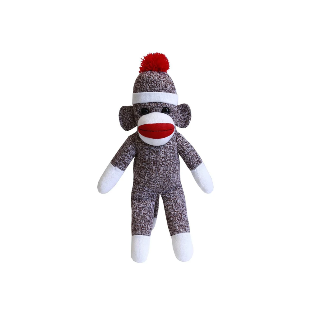 16" Standing Brown Sock Monkey in Multicolor, Featuring Soft Fur and a Fun Design by Plushland.