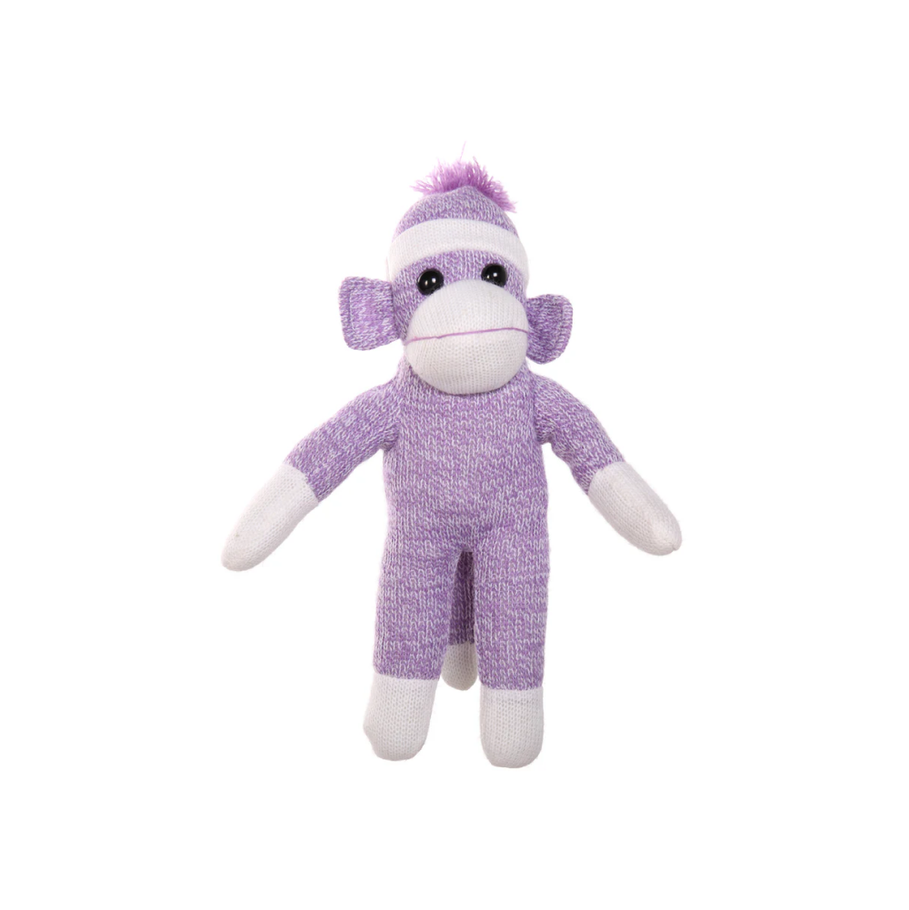 16" Standing Purple Sock Monkey in Multicolor, Featuring Soft Fur and a Fun Design by Plushland.