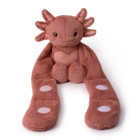 Pink axolotl weighted plush hugger, product view