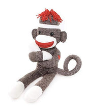 40-inch brown Sock Monkey sitting with hands folded, huggable vintage toy with soft plush fabric by Plushland