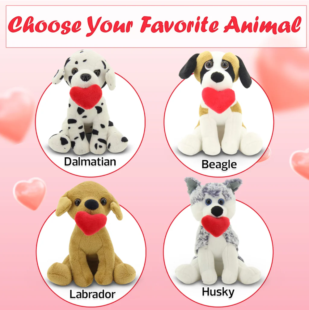 8" Sitting Valentine Pawpals Dalmatian, Beagle, Labrador, Husky Dog, Featuring Soft Fur and an Adorable Valentine's Design by Plushland.