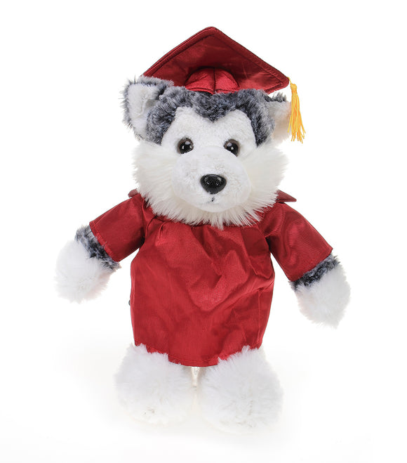 Stuffed animal in a red graduation gown and cap on a white background