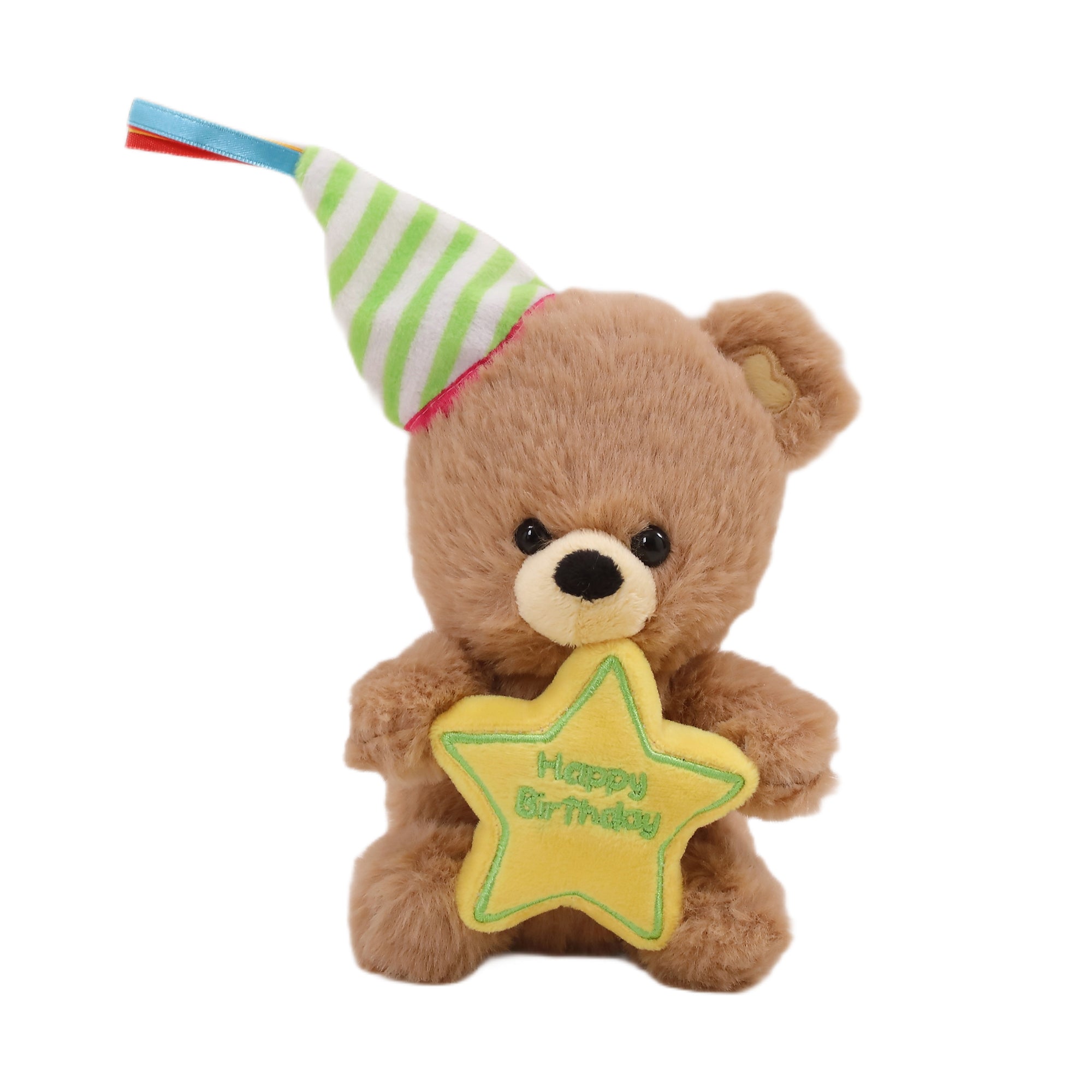 Cheerful birthday hatPlushland's Birthday Star Bear with Hat 8" brings festive charm with soft plush, vibrant colors, and a cheerful birthday hat!