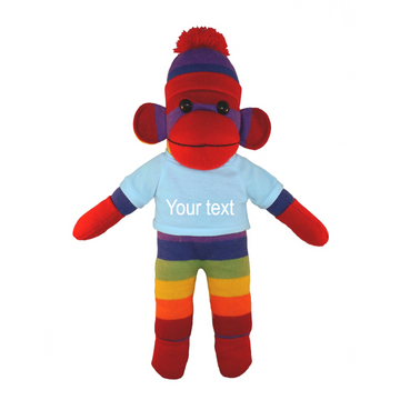 10" Floppy Rainbow Sock Monkey with Tee - Custom Text on Shirt