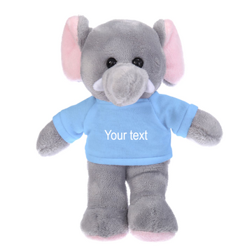 A gray plush elephant toy with pink inner ears and a blue t-shirt with the text 'YOUR TEXT' on it.