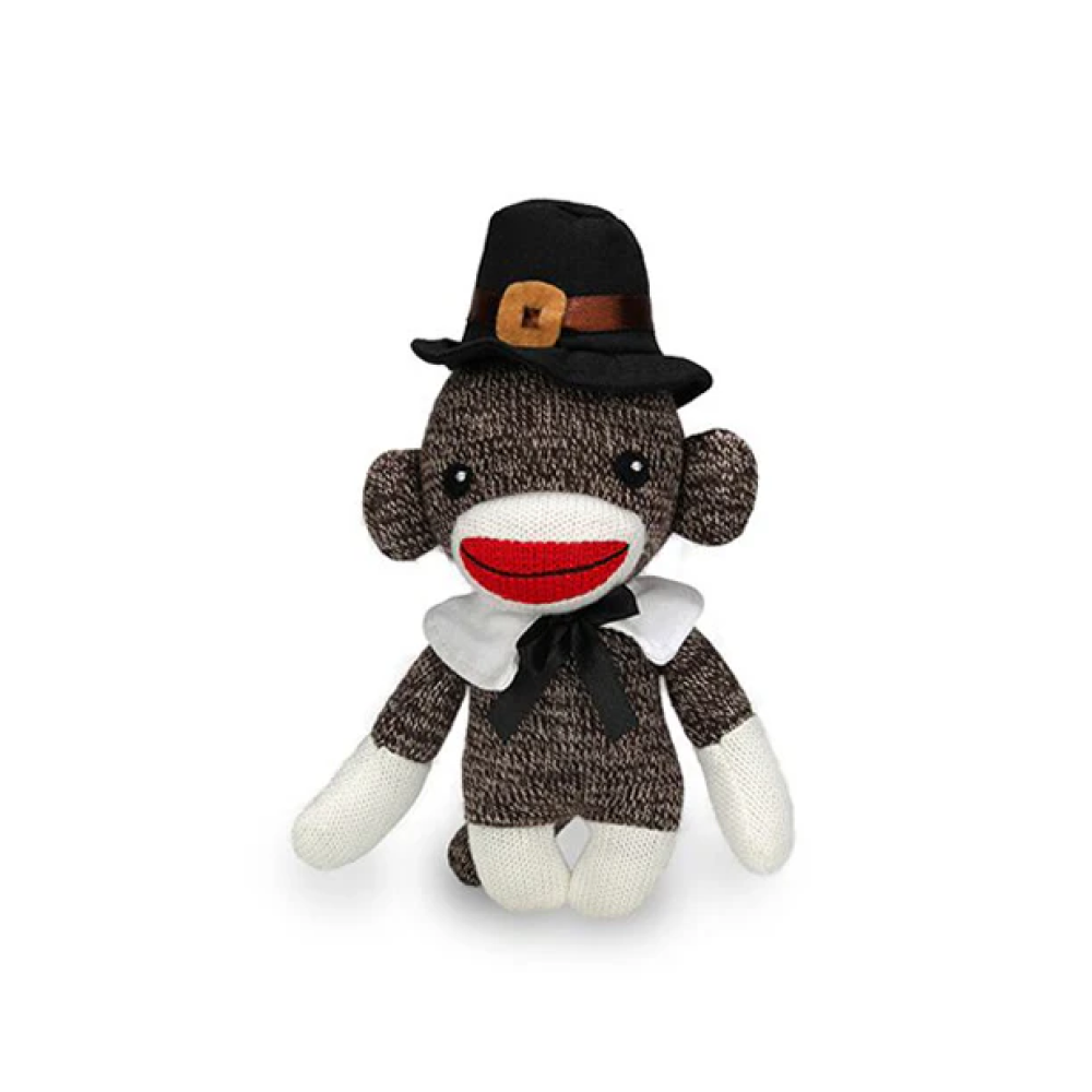 6" Sitting Pilgrim Sock Monkey Plush Toy, Dressed in a Pilgrim Outfit by Plushland.