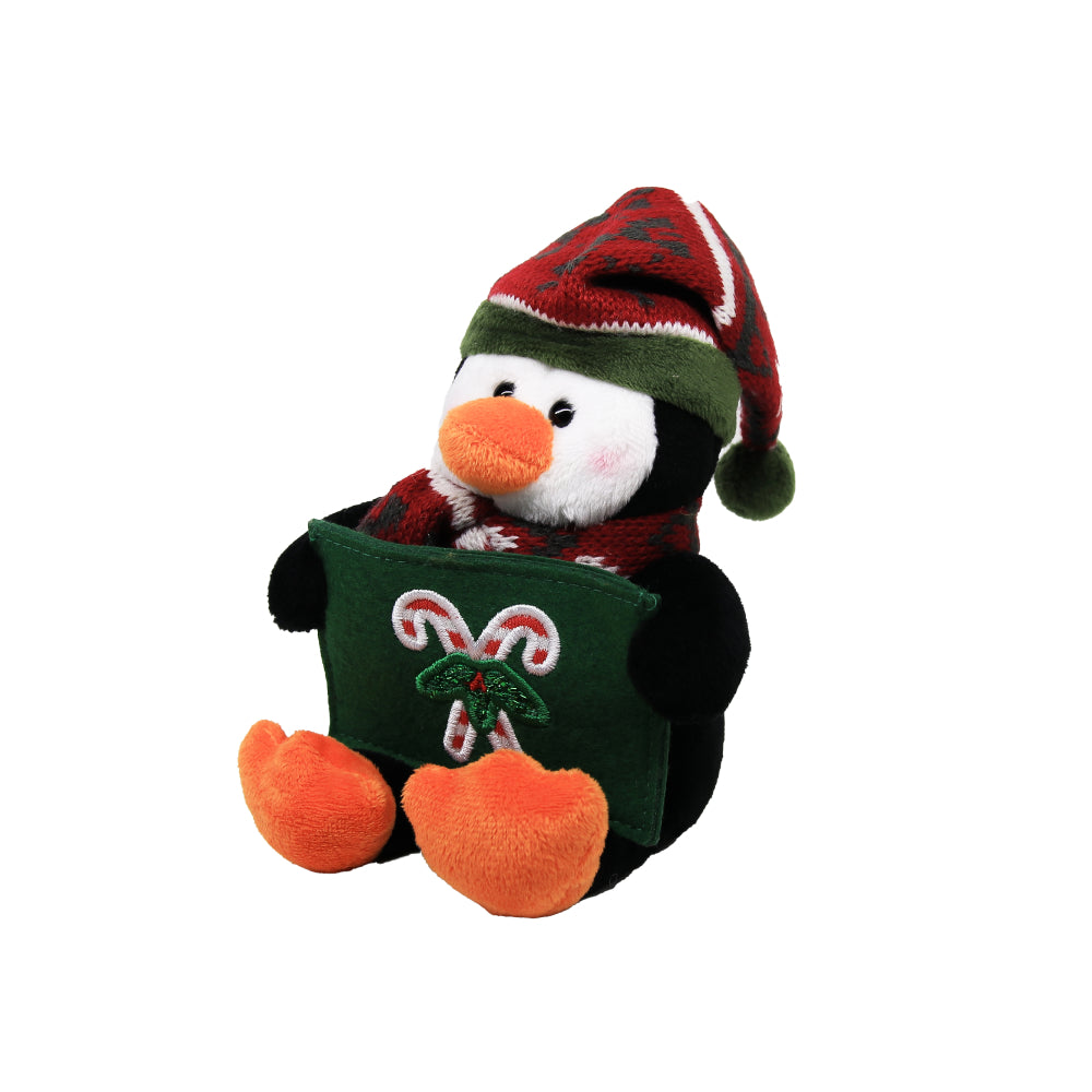 9" Gift Card Holder Penguin  Plush Toy Sitting Left Side, A Cute Penguin Wearing Festive Accessories by Plushland.