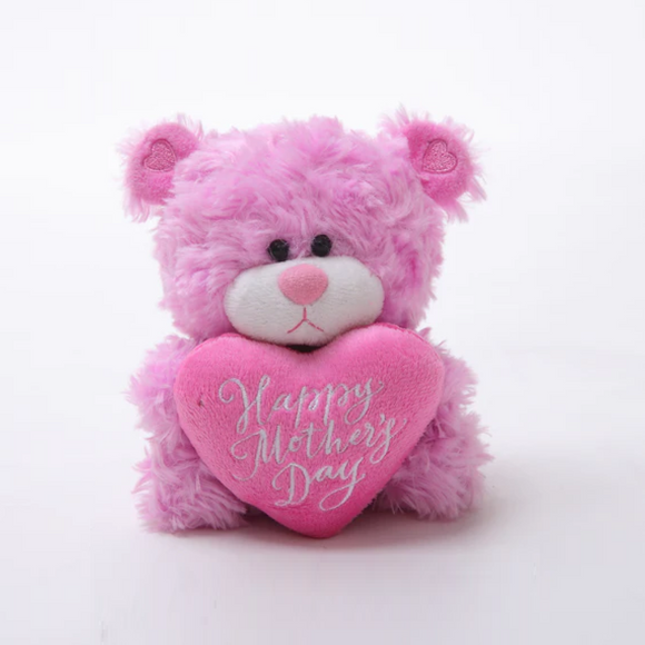 6" Sitting Happy Mother's Day Pink Qbeba, Holding a Pink Heart and Heartfelt Design by Plushland.
