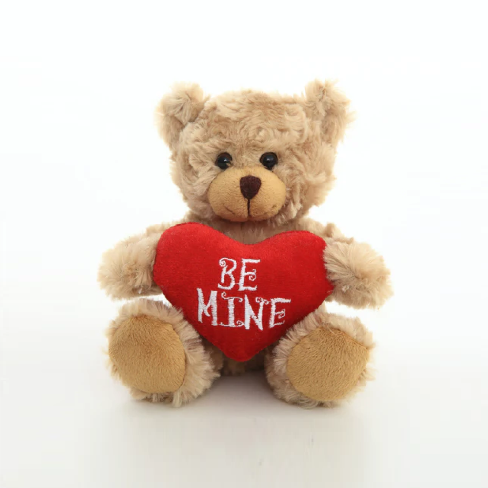 6" Sitting Valentine Mocha Bear, Soft Fur, Holding a Heart with 'Be Mine' Inscription, Perfect for Gifts by Plushland.