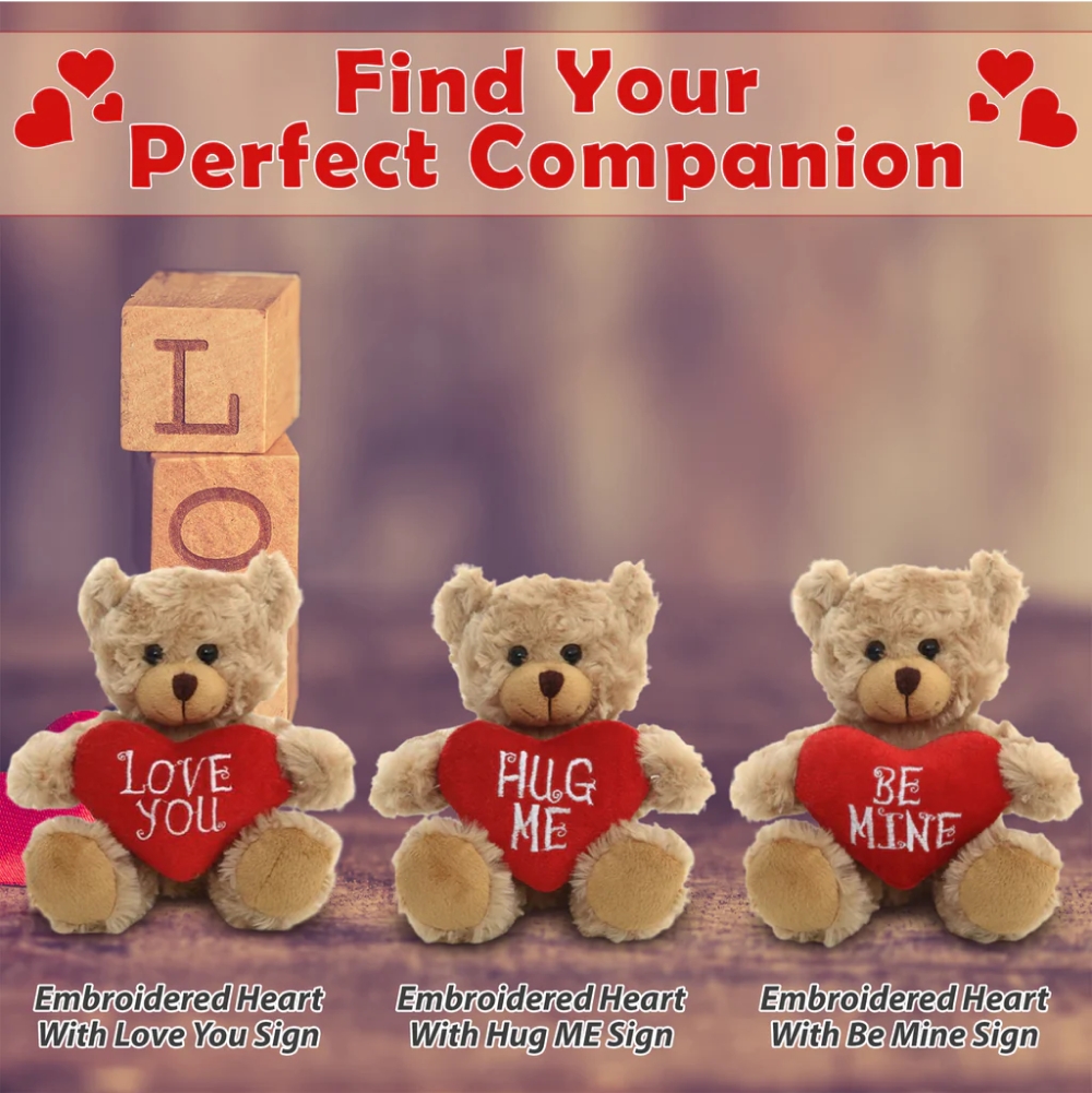 6" Sitting Valentine Mocha Bear, Soft Fur, Holding a Heart, Find Your Perfect Campanion Day Gift by Plushland.