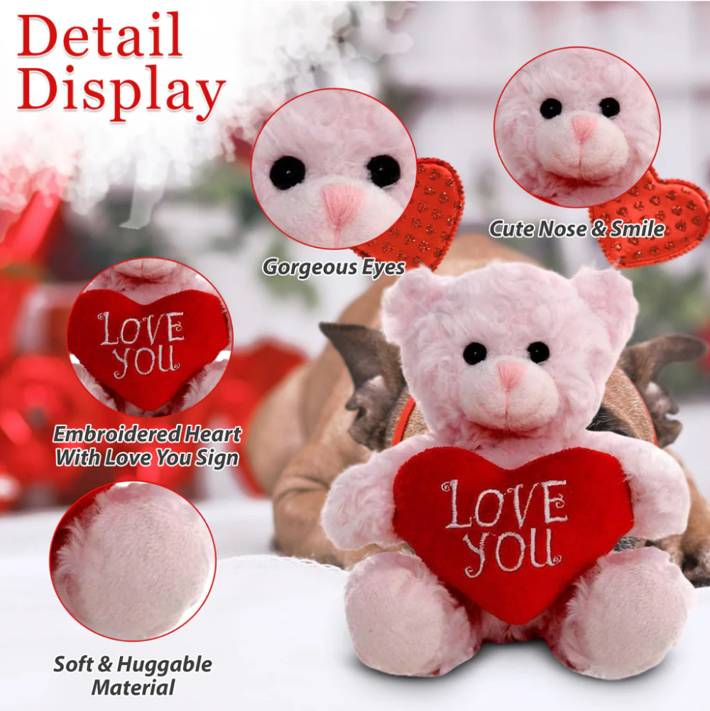 9" Sitting Valentine Mocha Bear Pink, Soft Fur, Holding a Heart with Detail Display by Plushland.