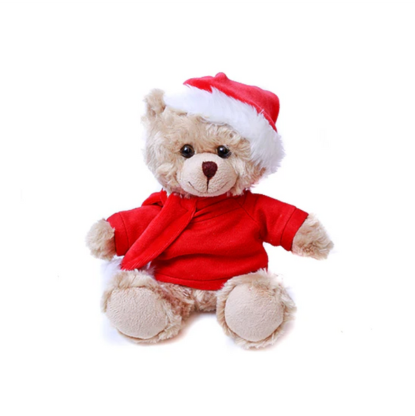 6" Sitting Custom Beige Bear with Red Tee, Featuring Soft Fur and a Personalized Design by Plushland.