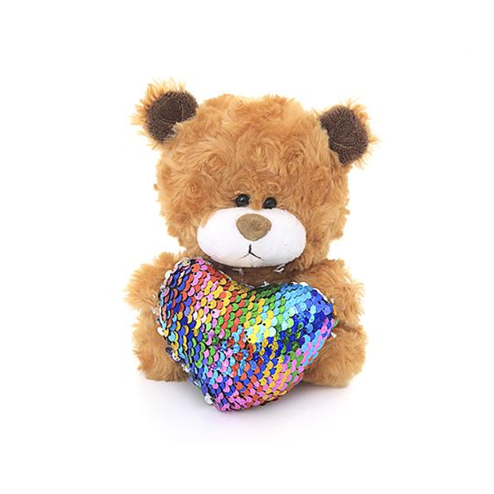 6" Sitting Brown Bear with Sequin Rainbow Heart, Featuring Soft and a Sparkling Heart by Plushland.