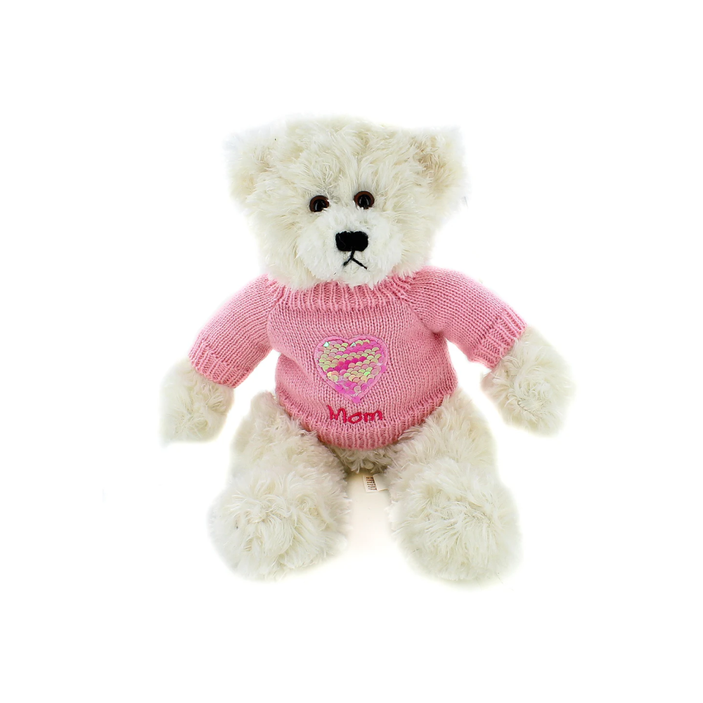 12" Brandon Mom Cream Sweater Bear, Featuring Soft and a Cozy Sweater with 'Mom' Design by Plushland.