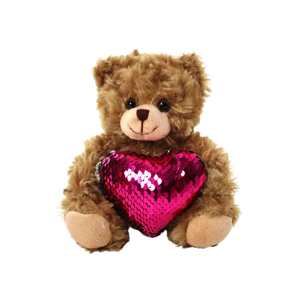 6" Sitting Mocha Bear with Sequin Red Heart, Featuring Soft and a Sparkling Heart by Plushland.