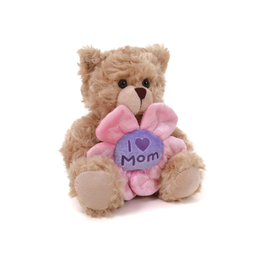 6" Sitting Right Side Mocha Bear Holding Flower, Featuring Soft and a Sweet Floral Detail by Plushland.