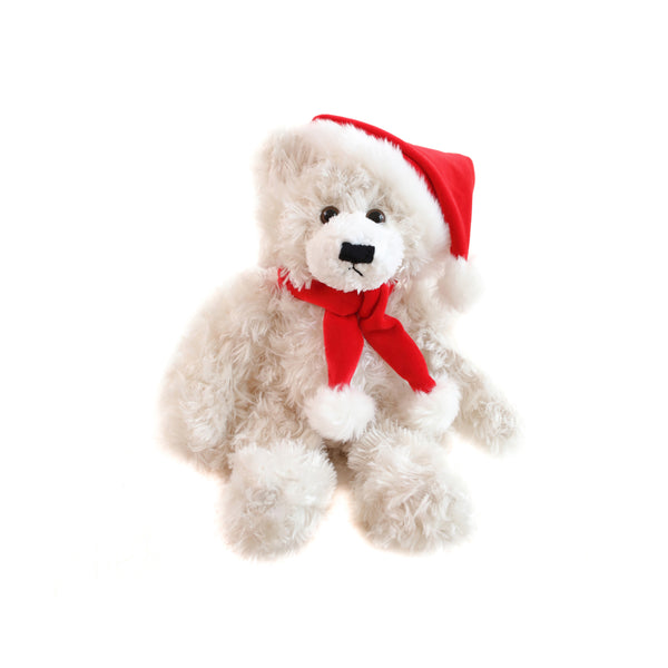 12" Sitting Brandon Bear in Cream, Featuring Soft Fabric and a Charming Holiday Design by Plushland.