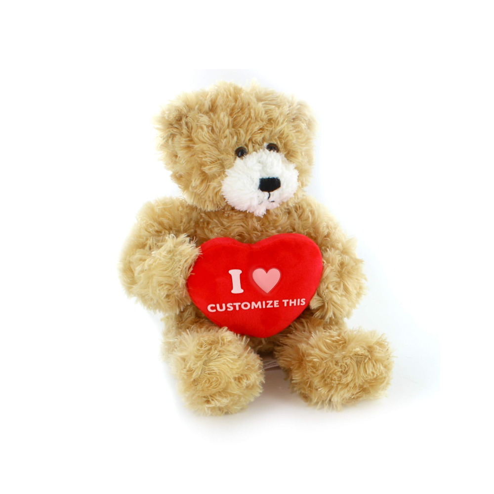 12" Sitting Beige Bears with Custom Heart, Soft Fur, Holding Personalized Heart by Plushland.