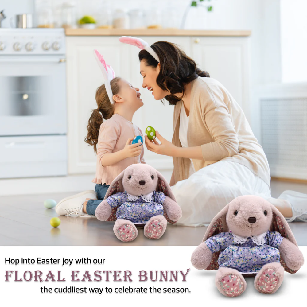 16" Floral Country Easter Bunny Poster, Featuring Soft Fur and a Charming Floral Outfit by Plushland.