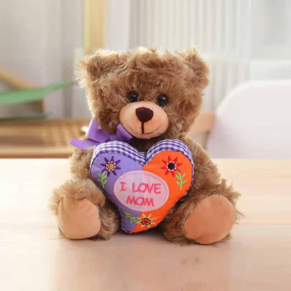 6" Sitting Table Mocha Bear with Mom Floral Heart, Featuring Soft and a Loving Design by Plushland.