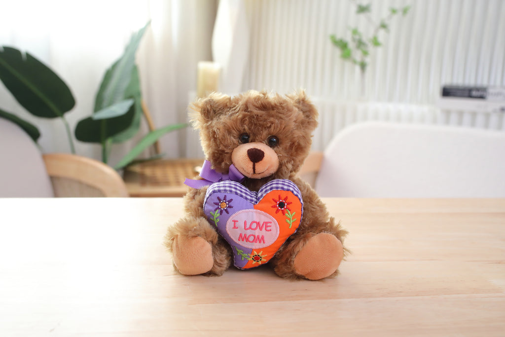 Plushland Stuffed Mocha Sitting Bear with Mom Floral Heart – I Love mom- Plush Bear Toy for Mother's Day - Embroidered Heart Pillow - Brown 6 Inches