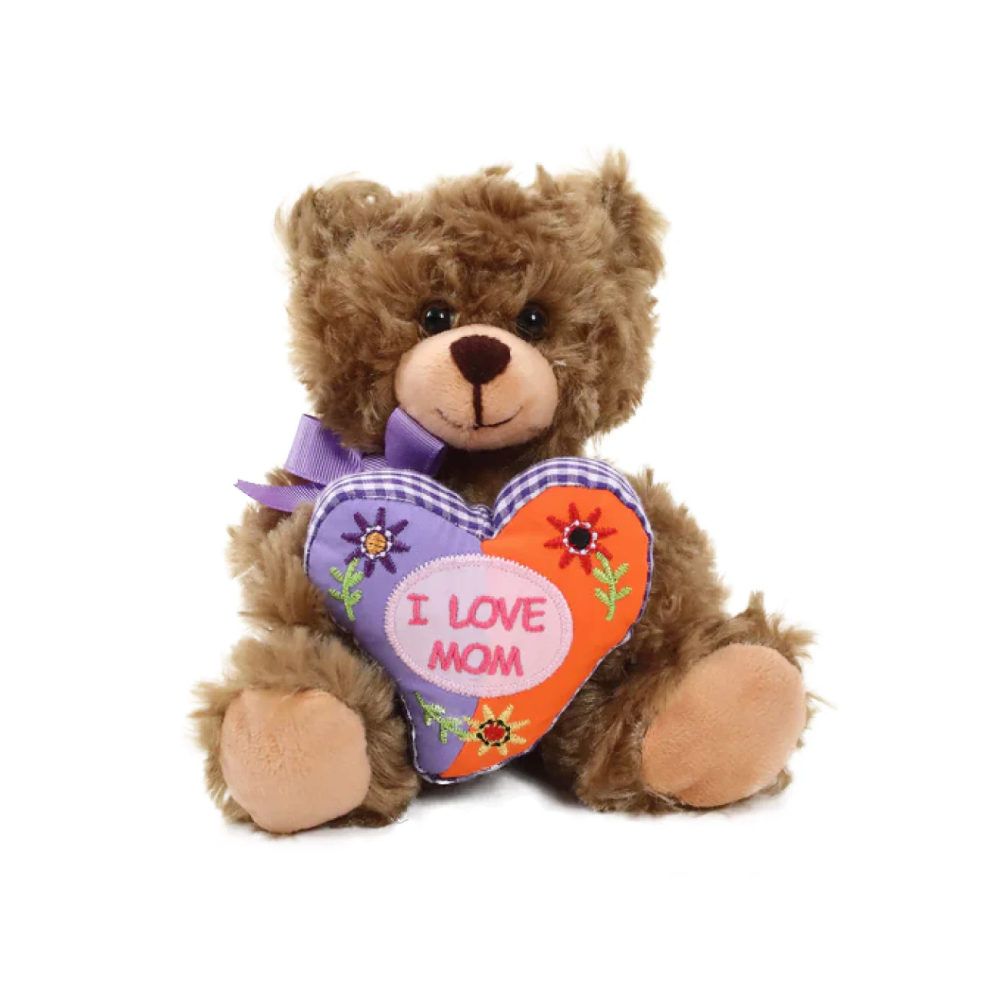 6" Sitting Mocha Bear with Mom Floral Heart, Featuring Soft and a Loving Design by Plushland.