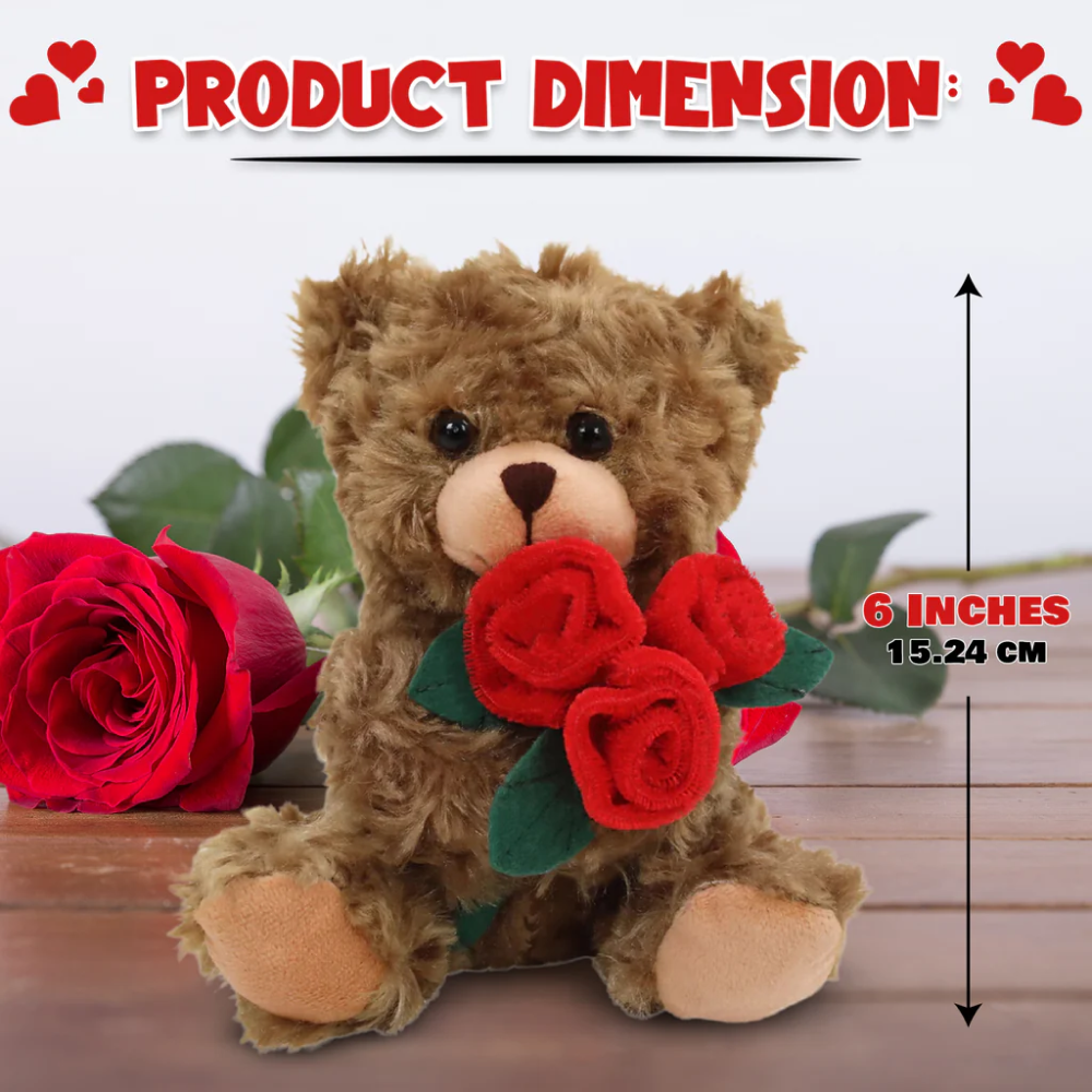 6" Sitting Mocha Rose Bear, Featuring Soft Fur and Holding a Rose, Product Dimensions by Plushland.