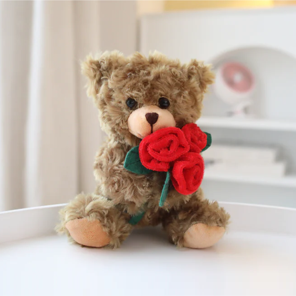 6" Mocha Rose Bear, Featuring Soft Fur and Holding a Rose and Sitting on a Cute Base by Plushland. 