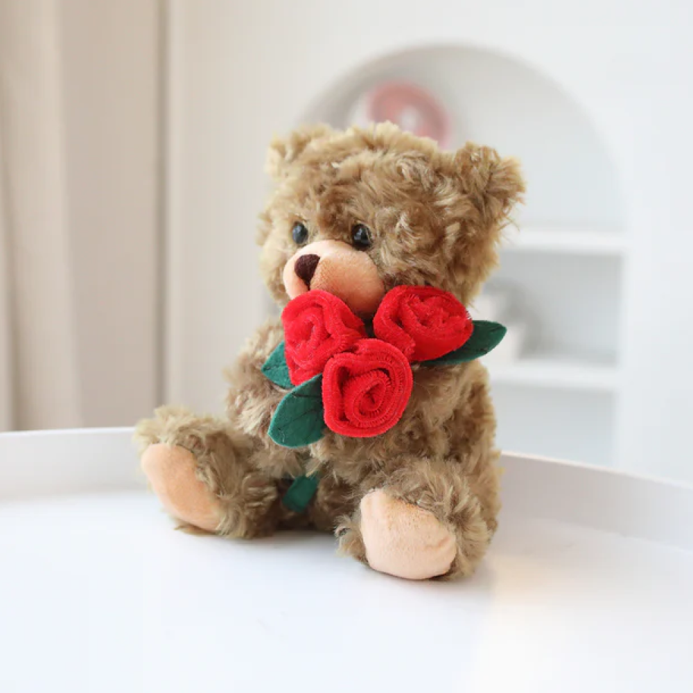 6" Mocha Rose Bear, Featuring Soft Fur and Holding a Rose and Sitting Left Side on a Cute Base by Plushland. 