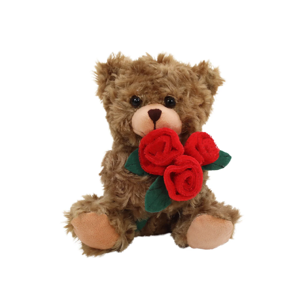 6" Sitting Mocha Rose Bear, Featuring Soft Fur and Holding a Rose by Plushland. 