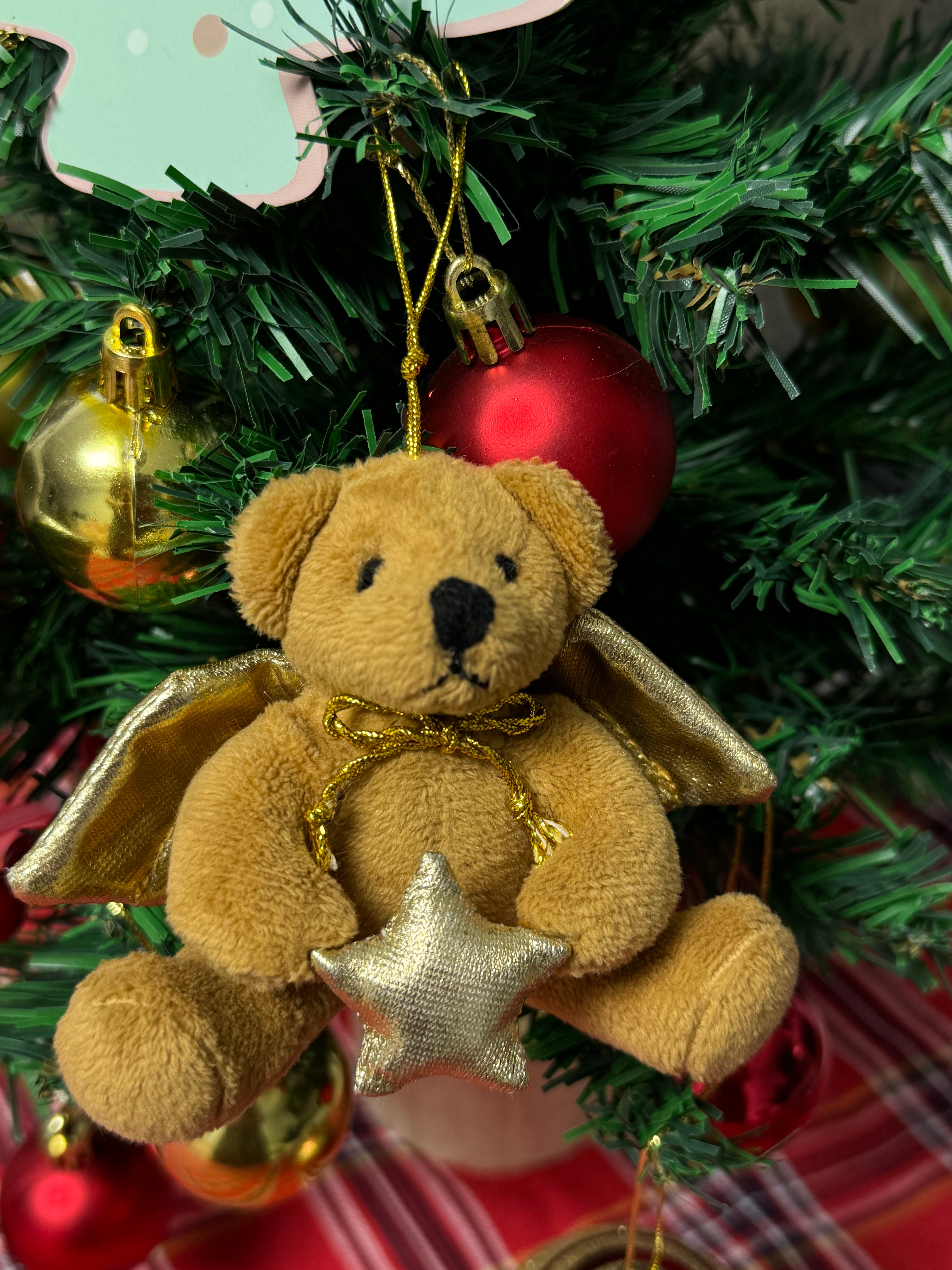 "4" Xmas Angel Bear - Plush, Golden Wings, Hanging Tree" by Plushland.






