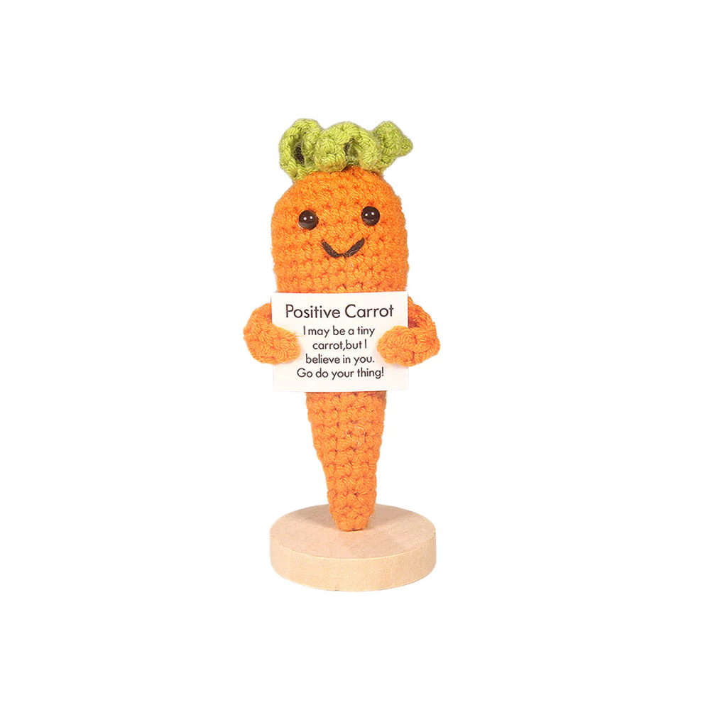 3" Crochet Carrot Dolls Adorned with Positive Affirmation Cards, Featuring Cute and Thoughtful Designs by Plushland.